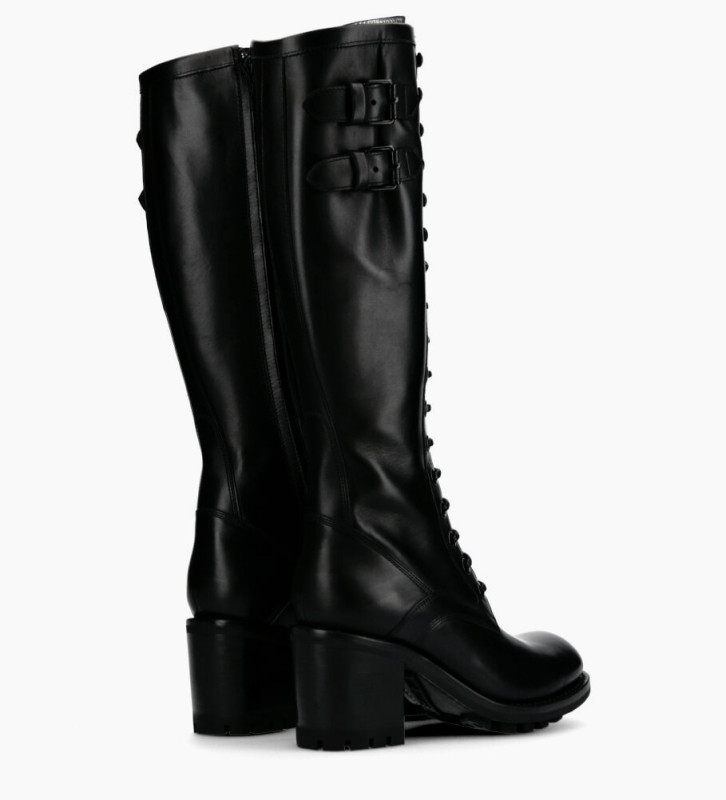 Lace up Biker high boot with buckle - Justy 7 - Smooth leather - Black